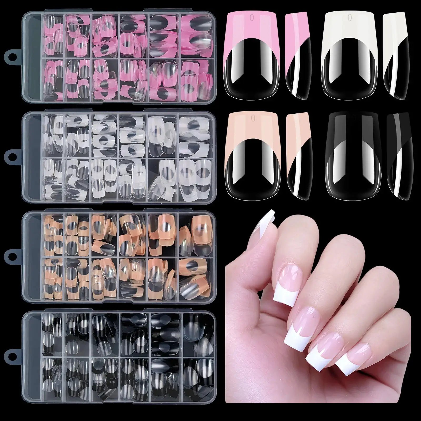Armor Acrylic French False Nails 120 Piece Box Removable Mixed Size Press On Nails For Medium Length Square Full Cover