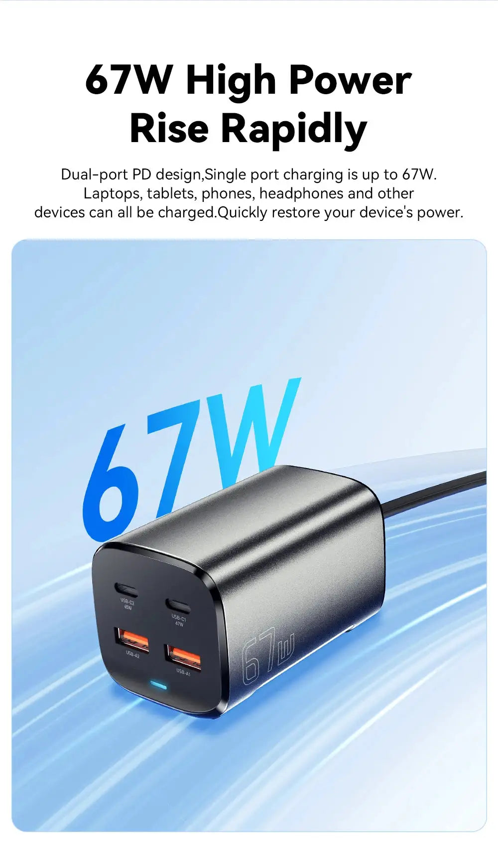 67W USB-C GaN charger, black desktop charger with two USB-C and two USB-A ports