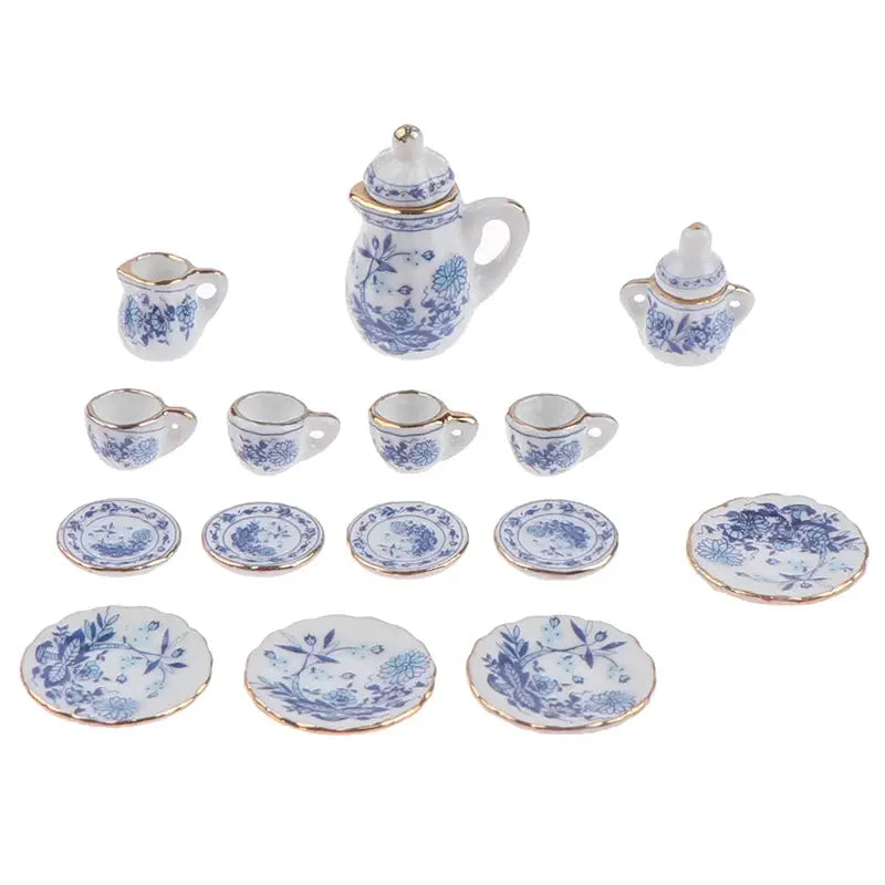 Fifteen Piece Dollhouse Miniature Tableware Set Porcelain Ceramic Teapot Tea Cups Milk Bottle Sugar Bowl Plates