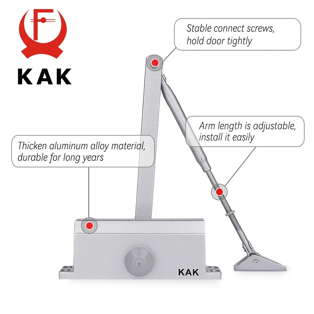 KAK hydraulic automatic door closer with silver aluminum body and adjustable arm
