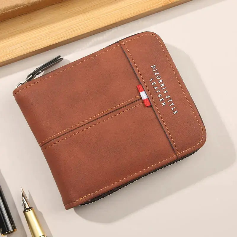 Men's brown leather wallet with horizontal zipper, compact square design