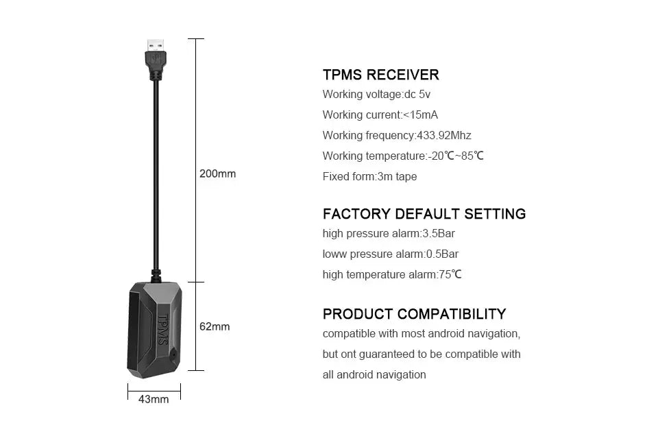 TPMS receiver with USB cable, black plastic module for Android car navigation systems
