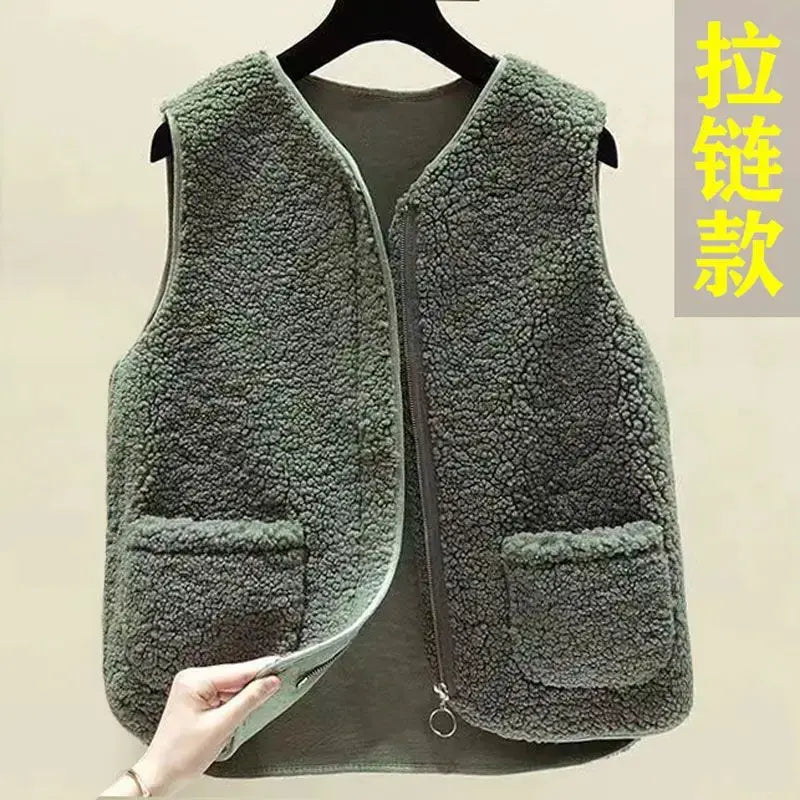 Lamb fleece vest for men; olive green sherpa fabric with zip front and two pockets, sleeveless