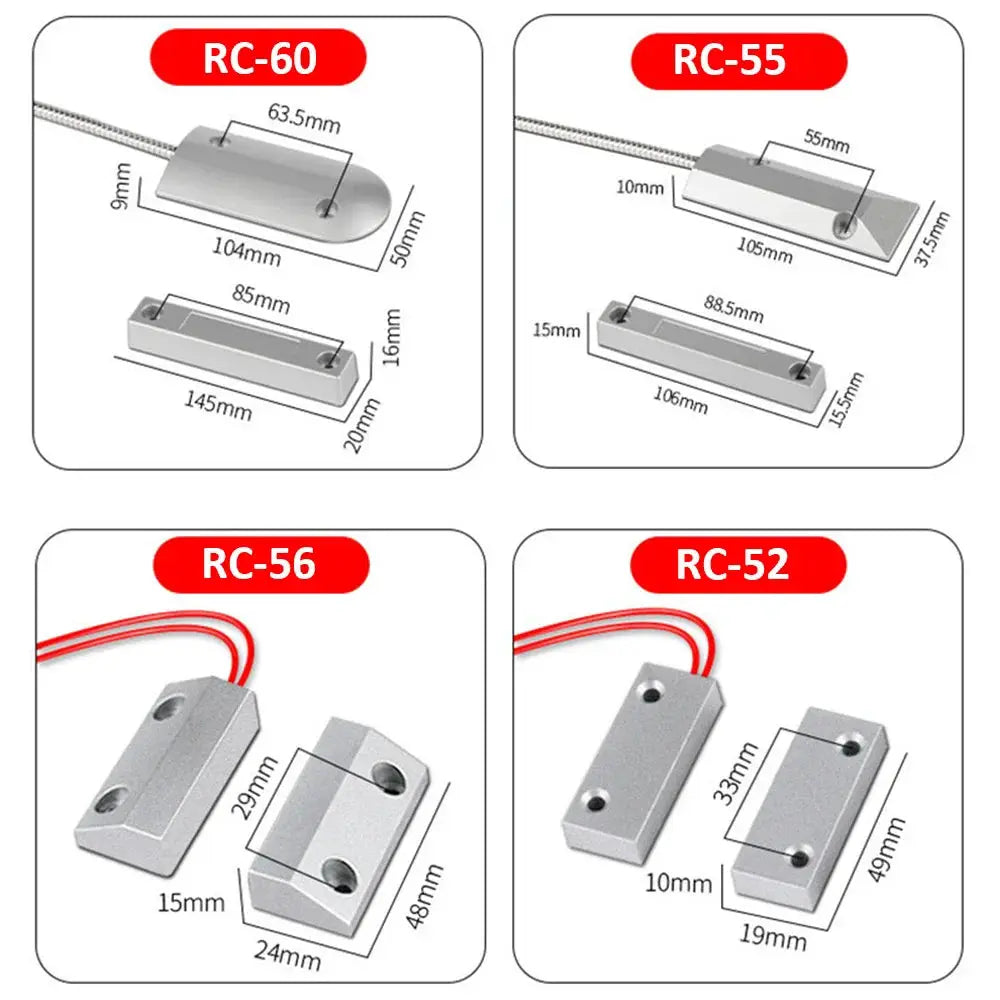 Magnetic reed switch set for security alarms by Simples Market; 4 metal wired RC-series (RC-60/RC-55/RC-56/RC-52)
