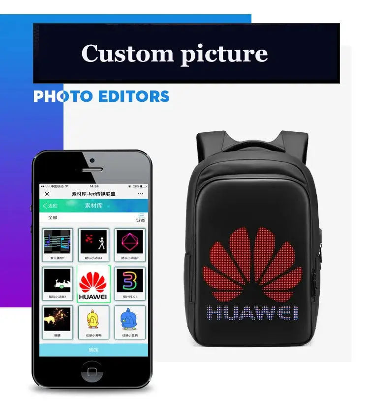 LED display backpack and Huawei smartphone, black 15.6-inch laptop backpack by Simples Market