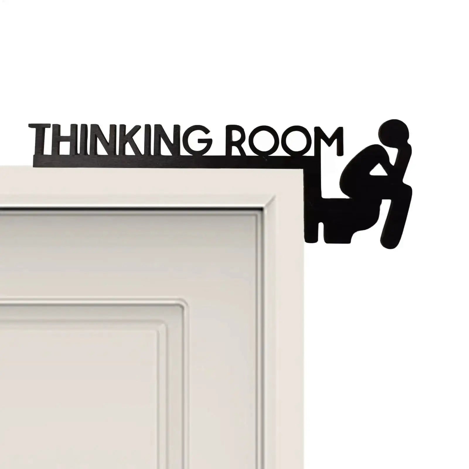 Thinking Room door topper sign in black wood with a seated silhouette, for bathroom door decor