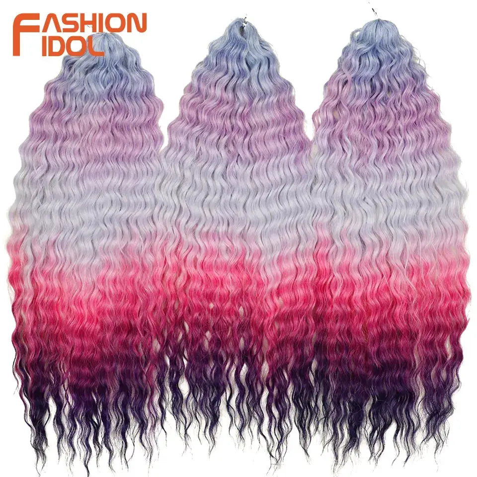 Ariel Hair Synthetic Twist Crochet deep water wave braiding extensions, ombre lavender-pink-purple, 24in, 3 bundles