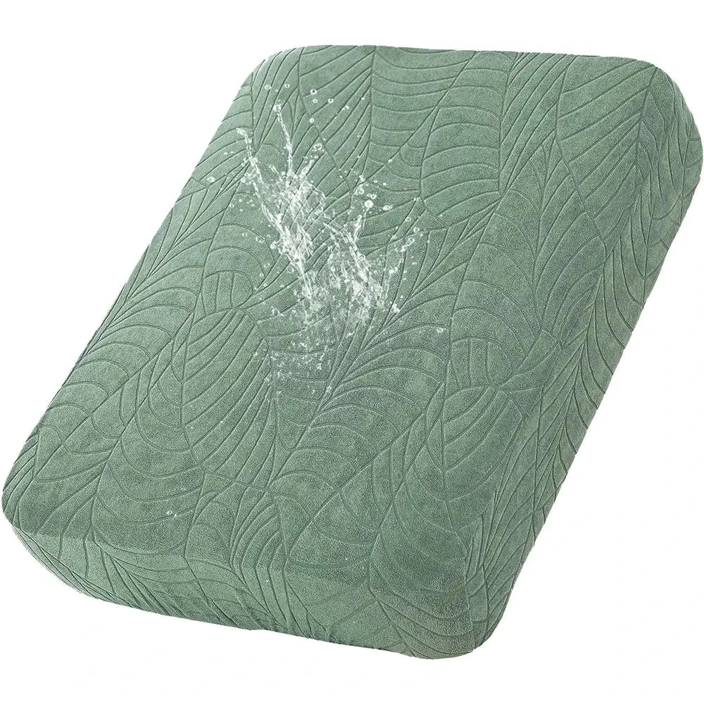 Simples Market waterproof stretch sofa cushion cover in green jacquard leaf-pattern fabric, removable protector for chaise lounge.