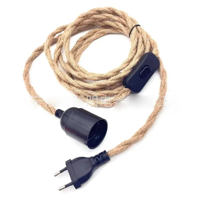 Industrial retro hemp cord pendant light kit with E27 socket, switch on cord, and plug.