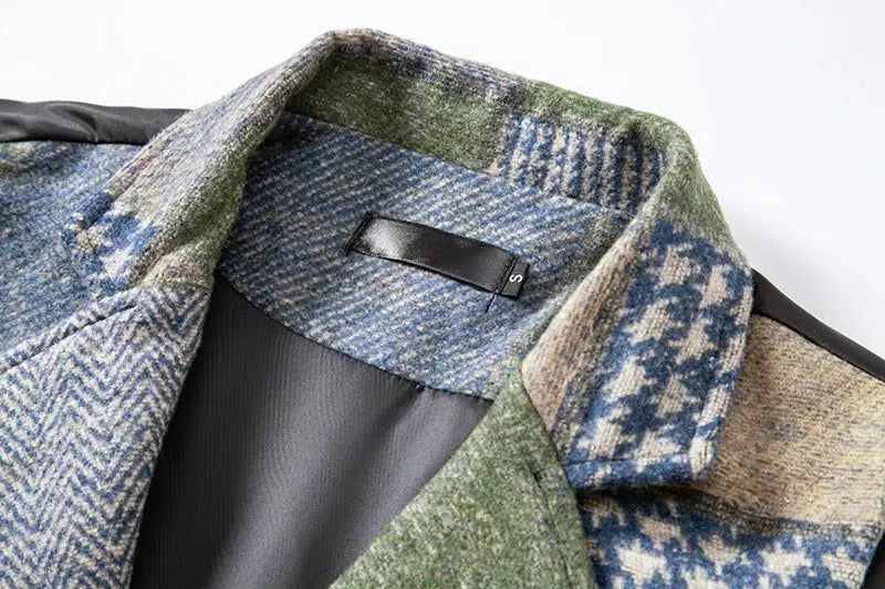 Green tweed plaid men’s vest by Simples Market, waistcoat with lapel collar