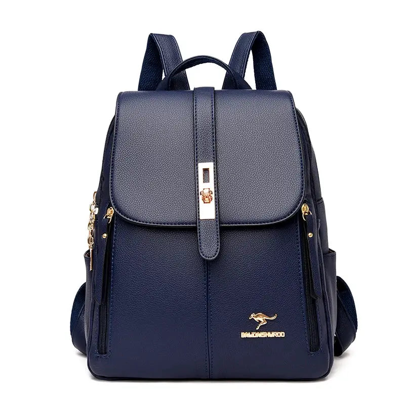 Simples Market women's leather backpack, navy blue with gold hardware, top-flap design and side zip pockets