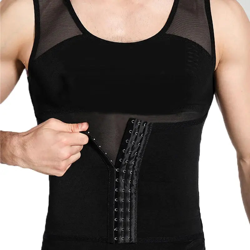 CXZD men's waist trainer girdle shirt in black mesh with a multi-hook closure