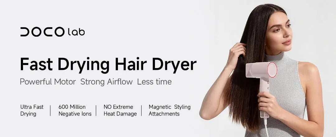DOCO lab fast drying hair dryer with UK/EU plug, lightweight travel model
