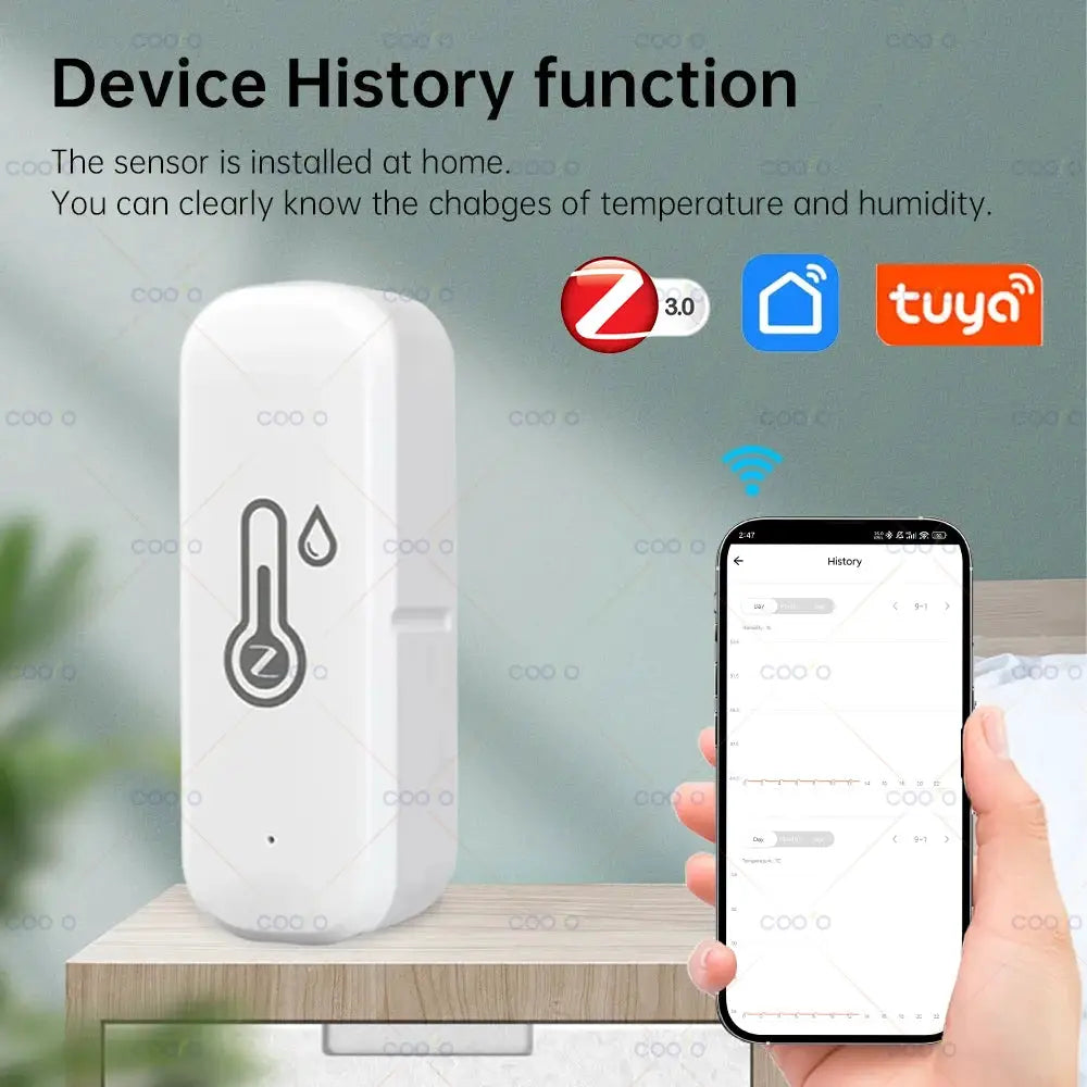 White Zigbee 3.0 temperature humidity sensor for smart home, Tuya compatible, Simples Market