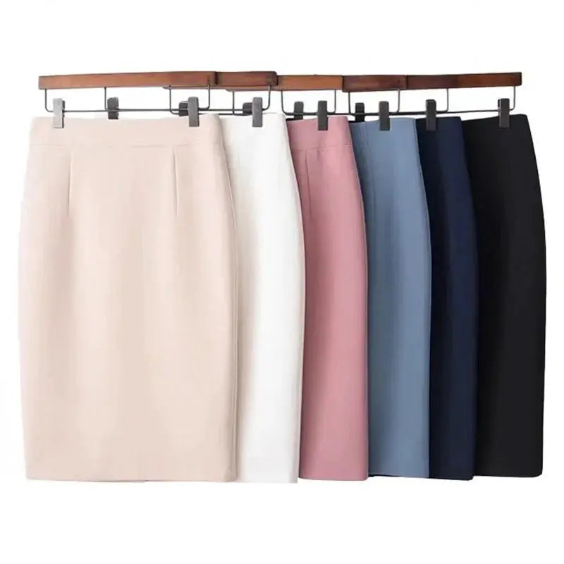 High-waisted pencil skirts by Simples Market, seven-color midi set for women, office-ready.