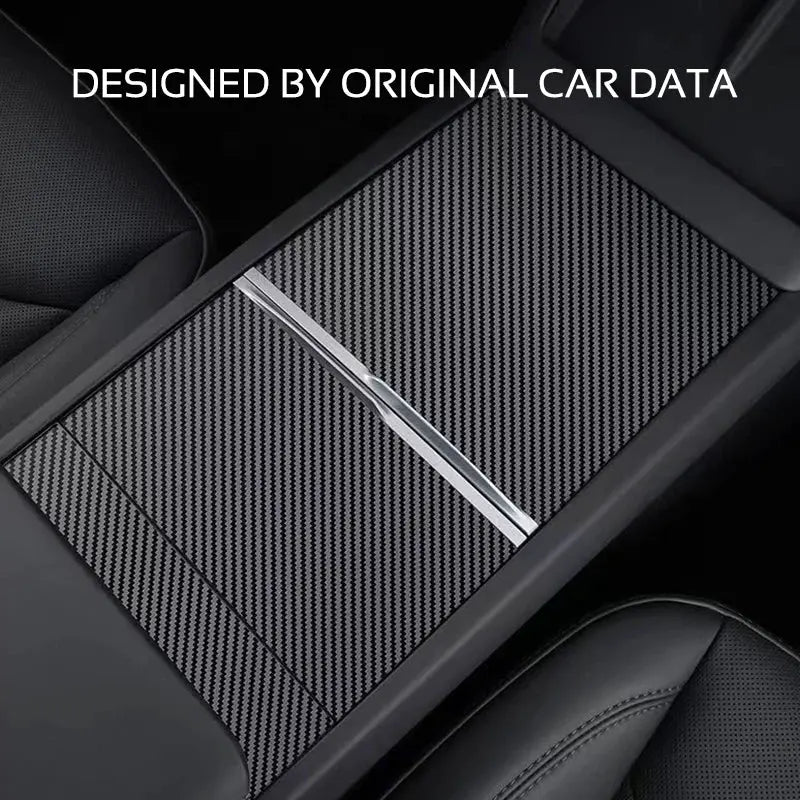 Center console cover protector with carbon-fiber pattern and silver trim for Tesla Model 3 Highland Y Juniper 2024–2026.