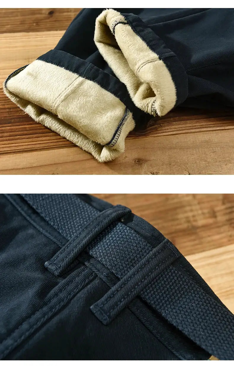HIQOR winter cargo pants for men, navy fleece-lined outdoor trousers with thick inner lining and belt loops