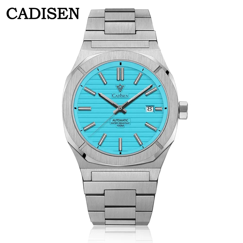 CADISEN stainless steel automatic diver watch with turquoise dial, metal bracelet, date window, 100m water resistance