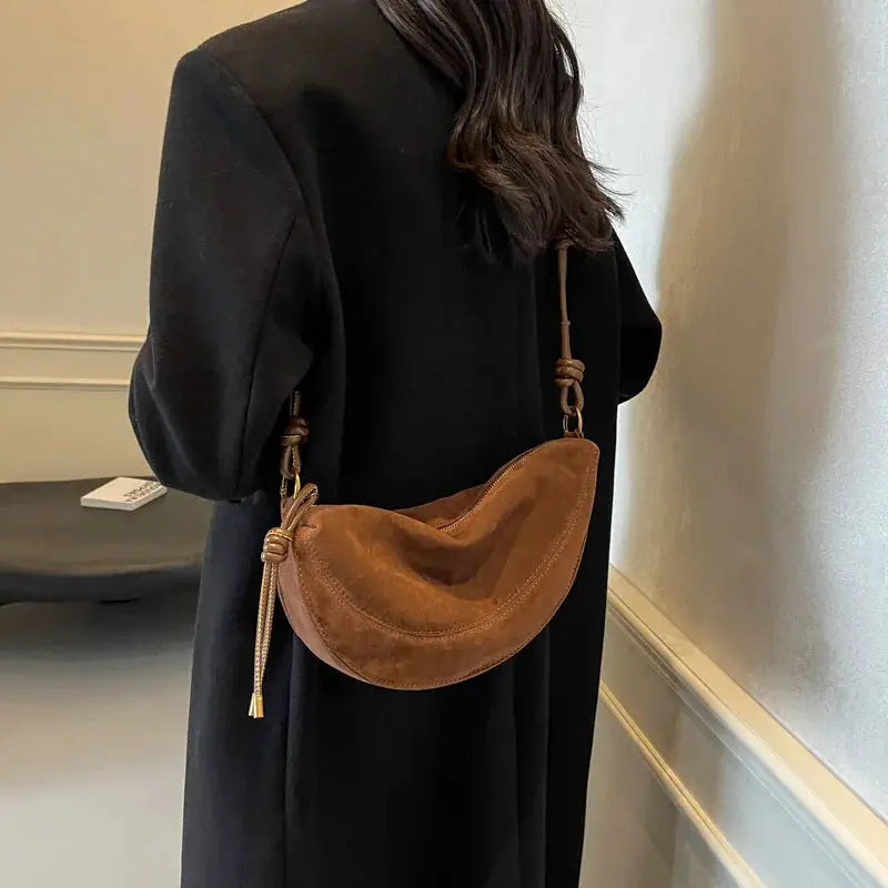 Simples Market faux suede shoulder bag, brown crescent crossbody for women