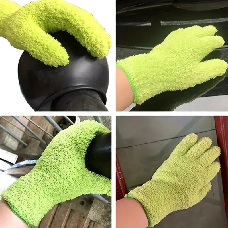 Microfiber dusting gloves neon lime green; stretchable, breathable cleaning gloves for cars and home use