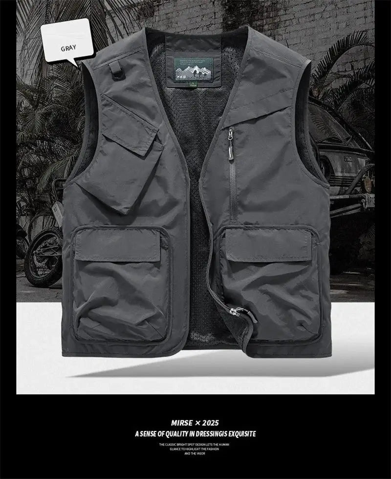 Gray plus-size men's sleeveless vest with multiple pockets, outdoor fishing waistcoat