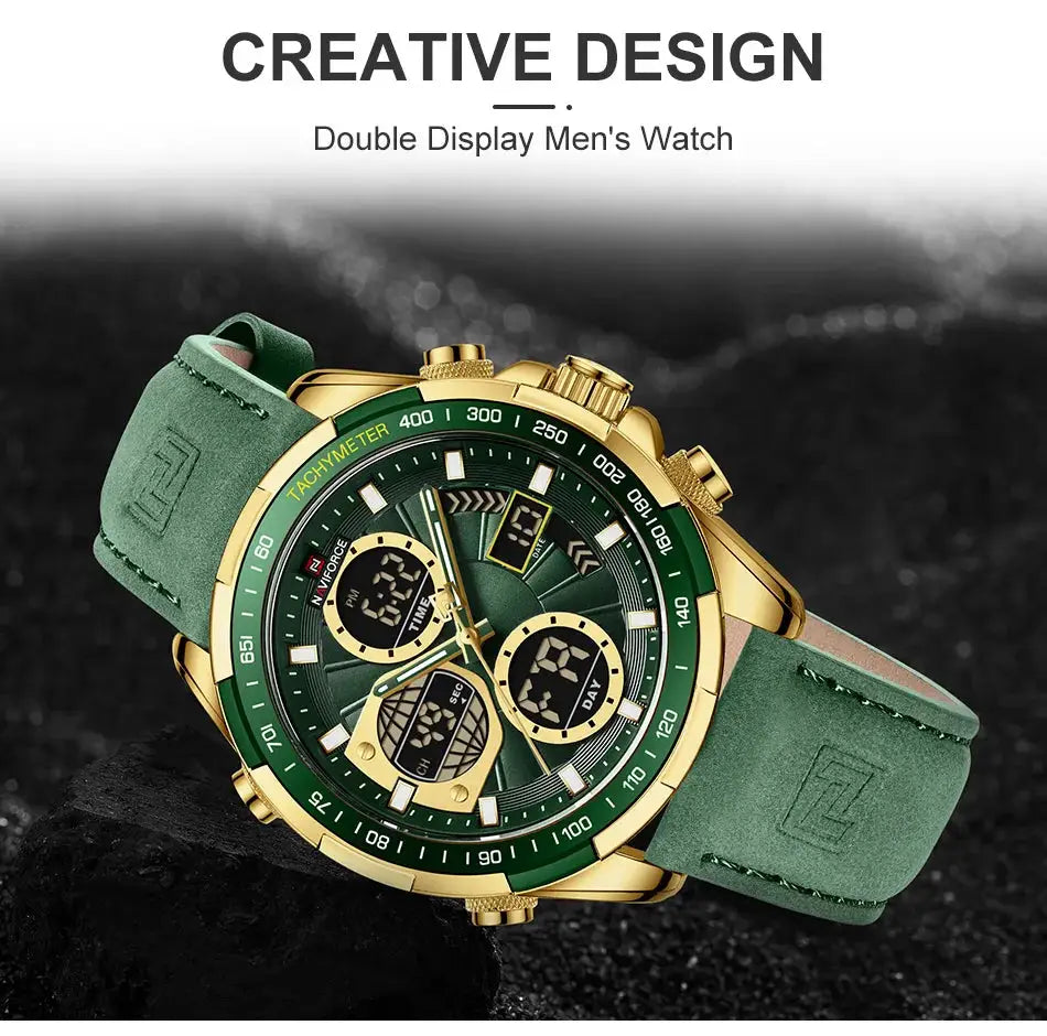 NAVIFORCE men's wristwatch with green dial and green leather strap