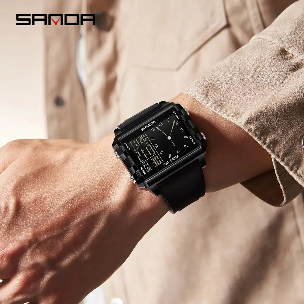 SANDA 6273 square dual-time wristwatch, black case and strap, analog-digital display, waterproof