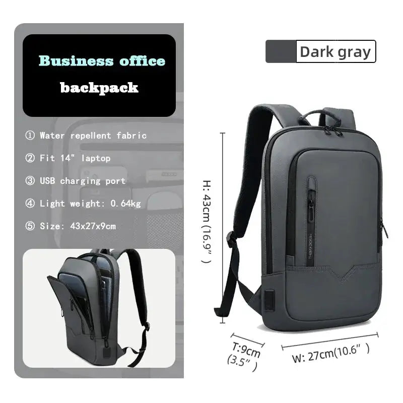 HK Slim Backpack for Men in dark gray; waterproof minimalist bag with USB charging port, fits 14-inch laptop