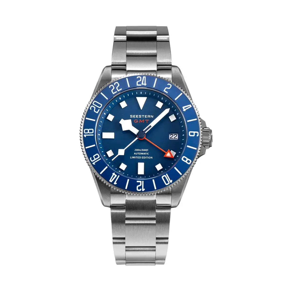 SEESTERN diver watch with blue dial and blue GMT bezel, stainless steel bracelet, orange GMT hand and date window at 3