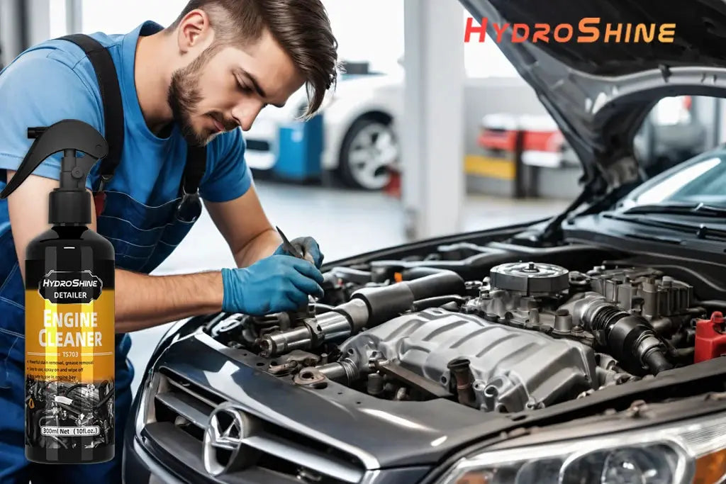 HydroShine engine cleaner spray bottle beside a mechanic working on a car engine bay