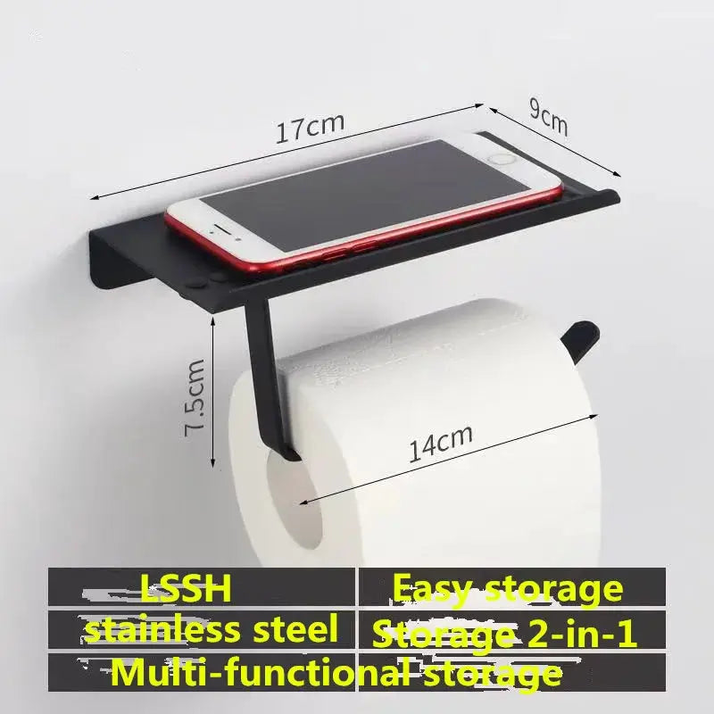 Stainless steel wall-mount bathroom paper holder with phone shelf and toilet paper roll holder, black finish.