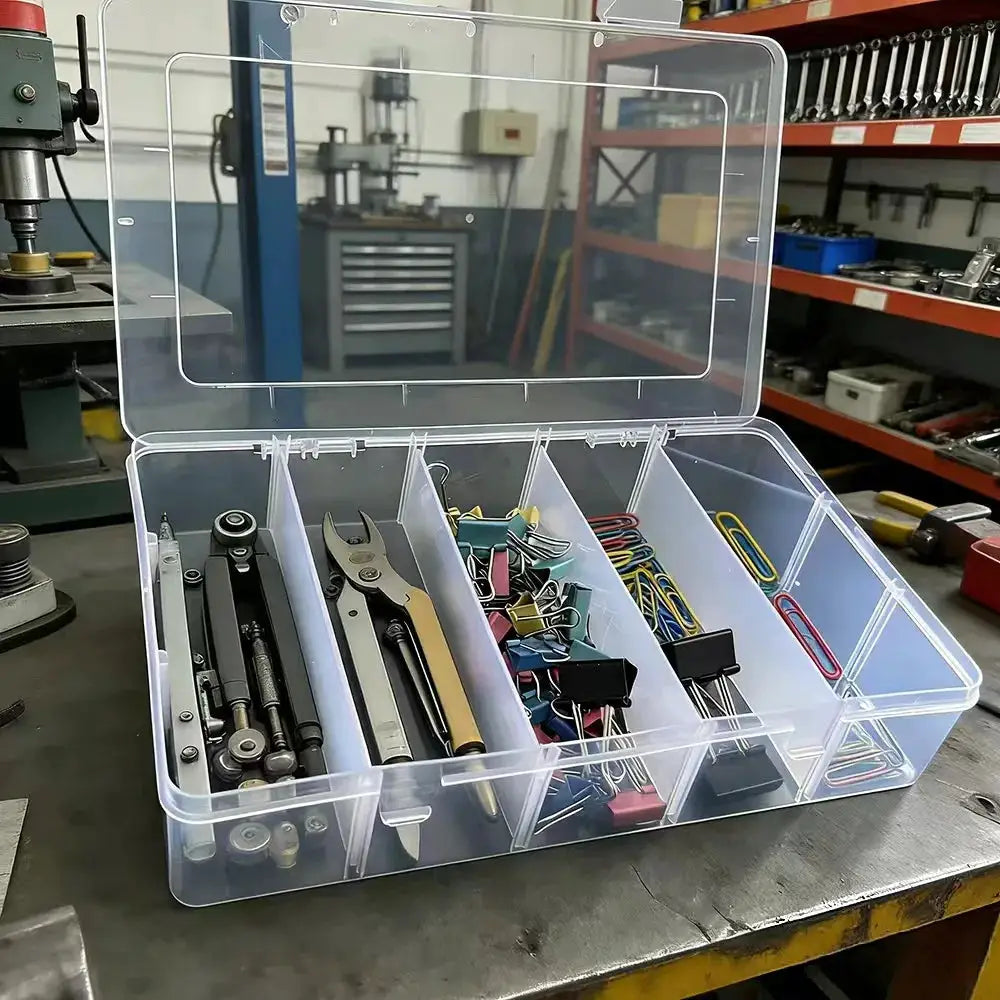 Simples Market 5-compartment transparent hardware organizer box with lid holding pliers and assorted fasteners.