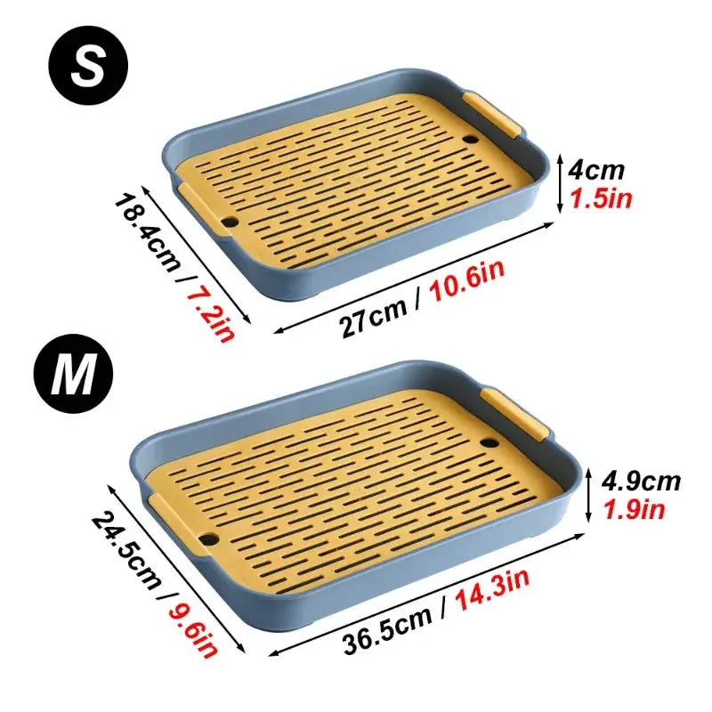 Simples Market rabbit litter box tray, gray-blue with yellow handles and slotted insert; S and M sizes shown.