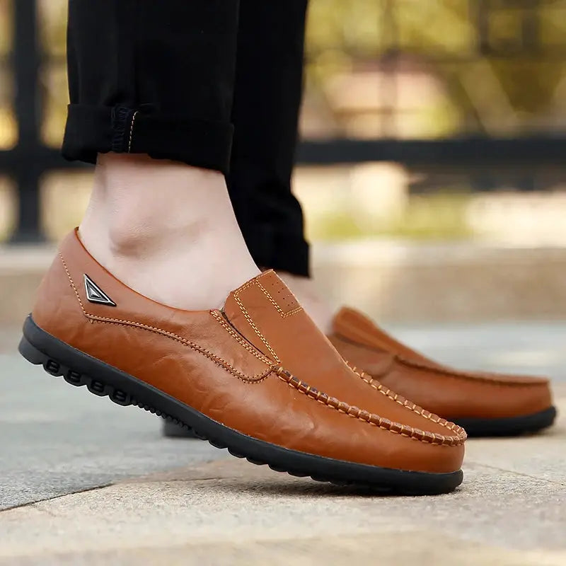 Genuine leather men’s casual loafers by Simples Market, tan brown slip-on moccasins with black sole pair