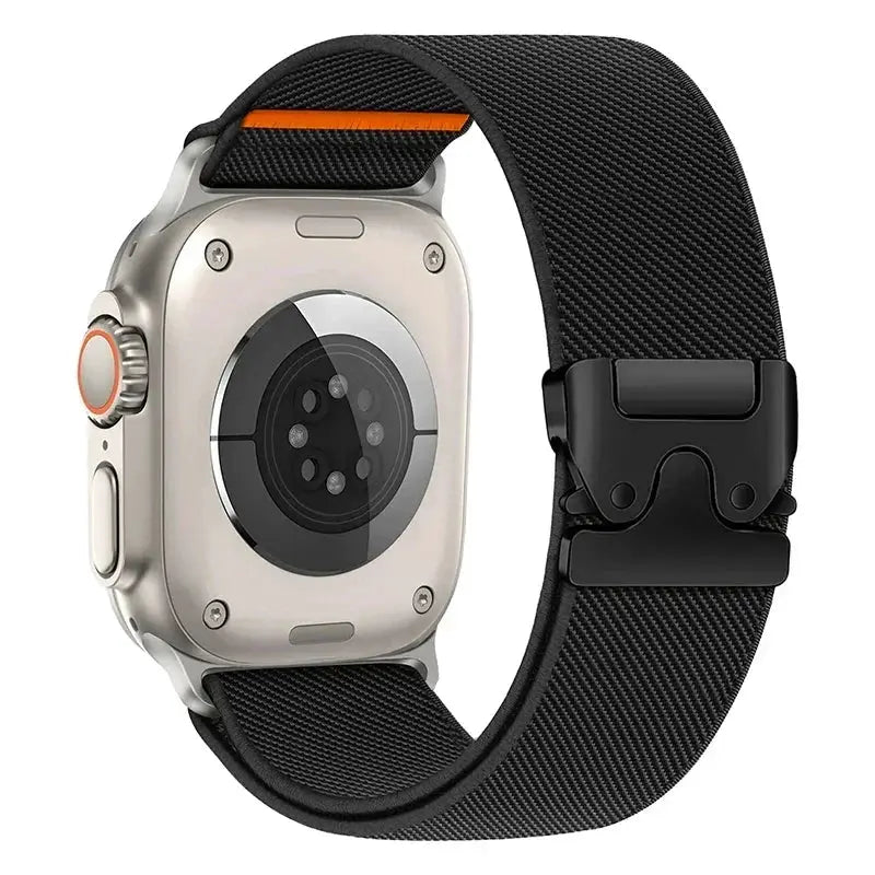Braided elastic nylon Apple Watch Ultra 2 strap, black with orange loop, fits 49mm/46mm models