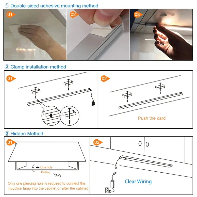 LED under-cabinet light bar by Simples Market with double-sided adhesive, clamp, and hidden mounting diagrams