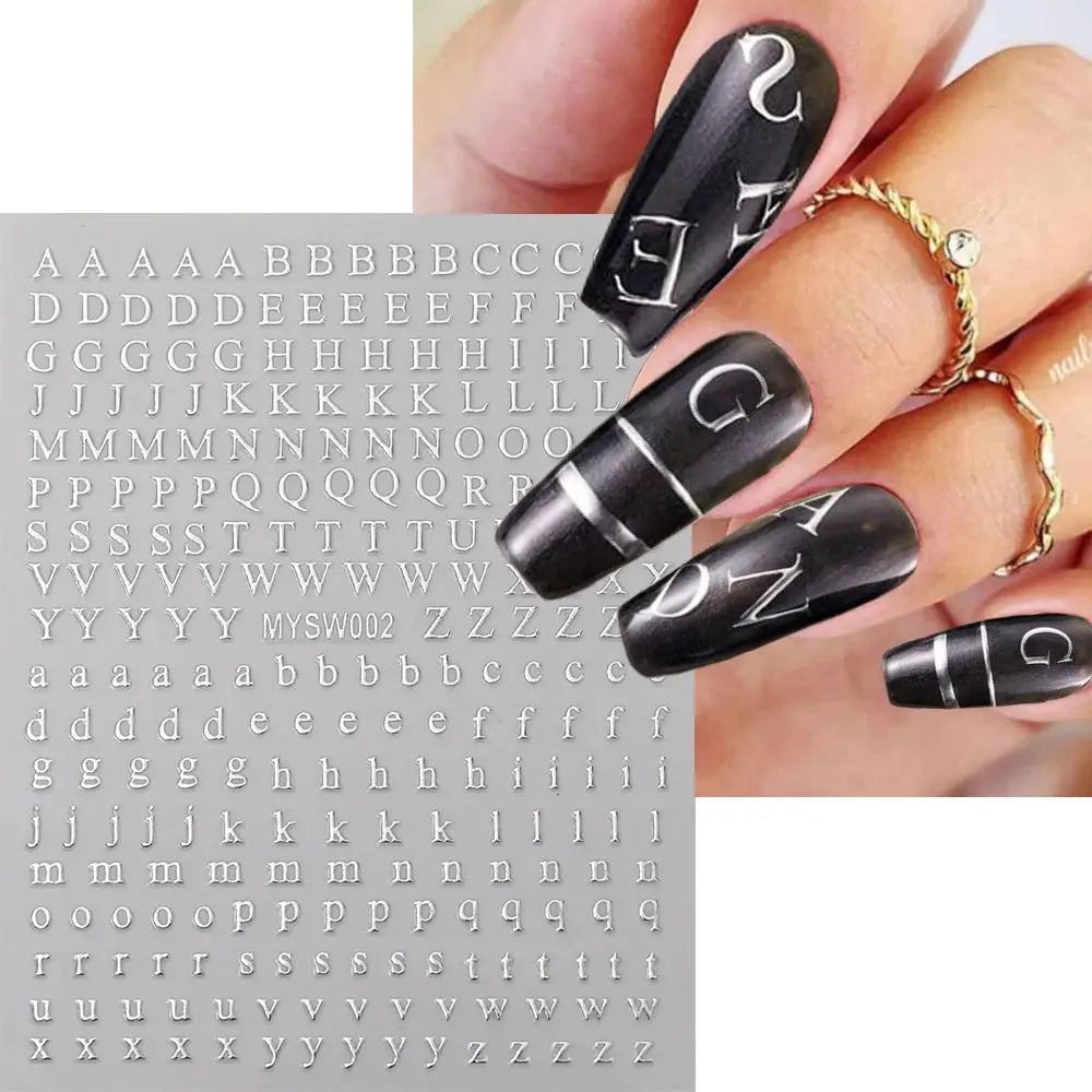3D Roman letter nail stickers sheet, 1pc, in gold, silver and black laser finishes from Simples Market