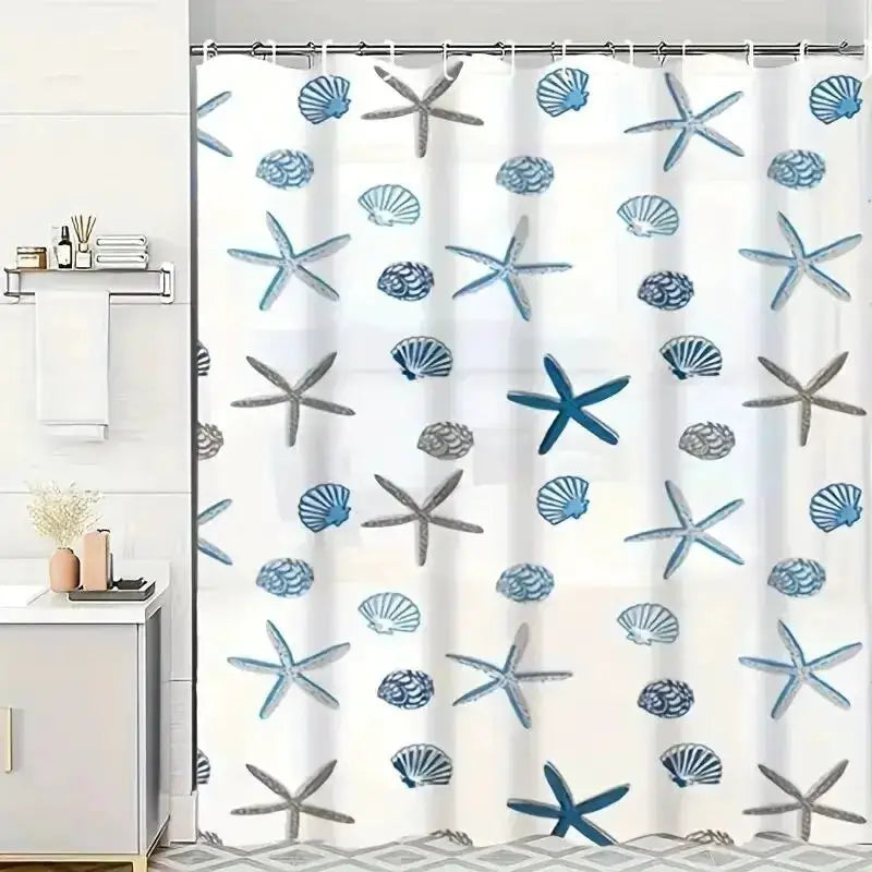 Shower curtain, PEVA waterproof with blue starfish and seashell pattern, Simples Market 1pc.