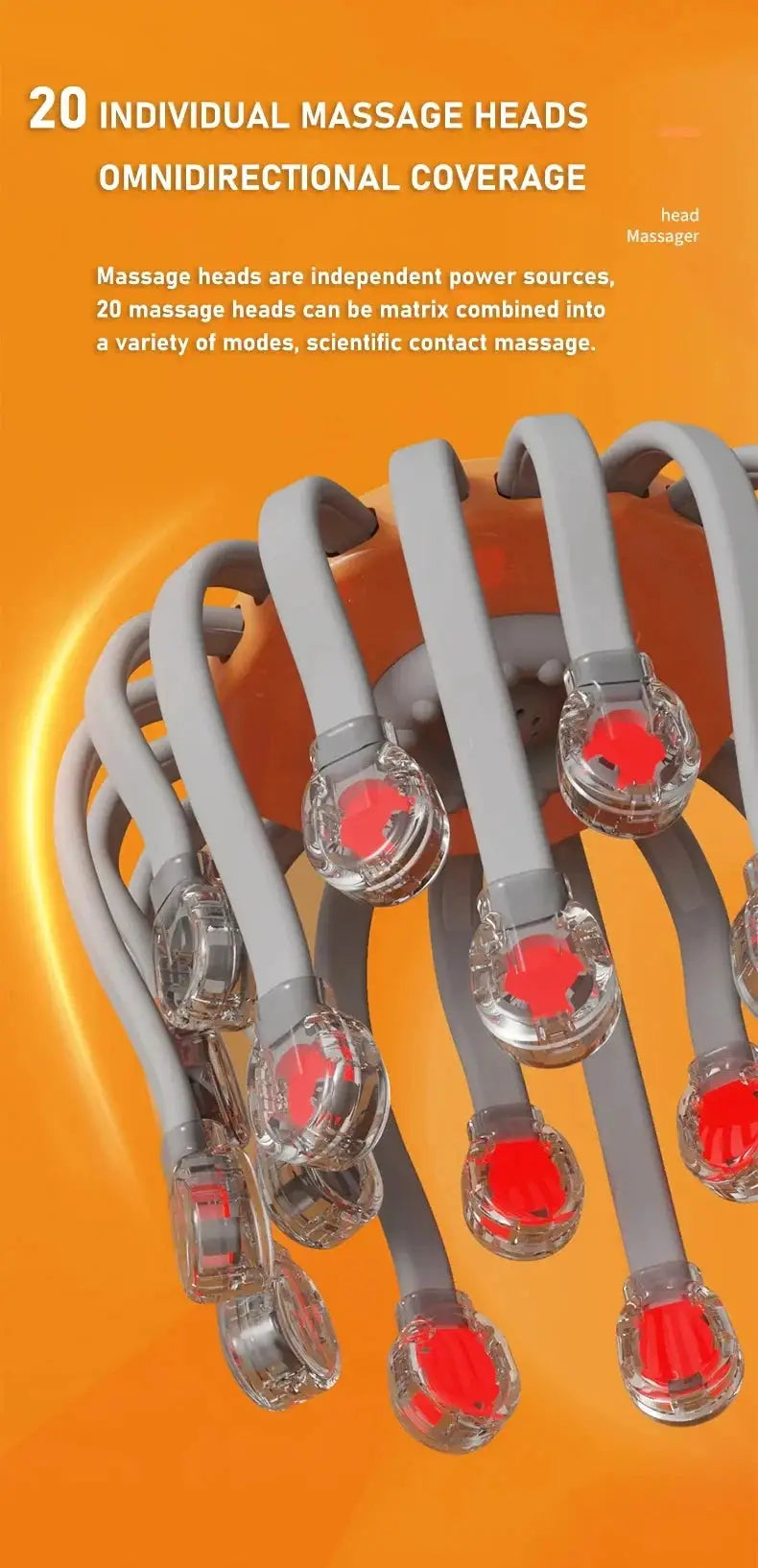 20-head scalp massager with gray arms and transparent red-tinted massage heads