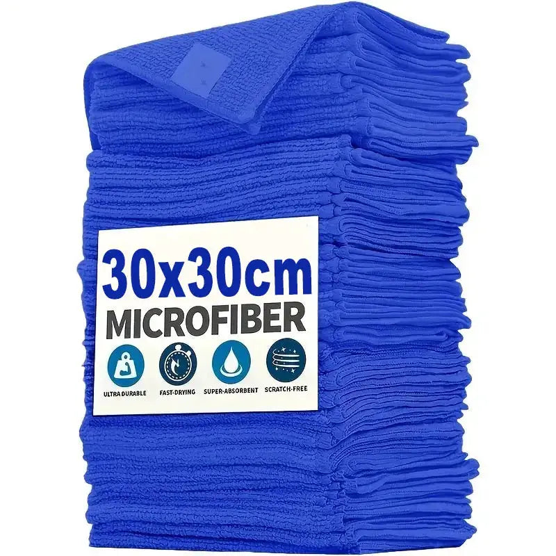 Blue microfiber towels stack, 30x30 cm, ultra-durable, fast-drying, super-absorbent.