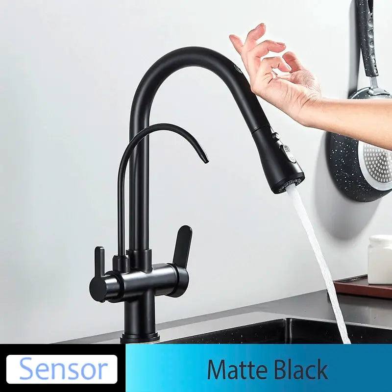 Simples Market matte black pull-out kitchen faucet with dual handles, deck-mounted