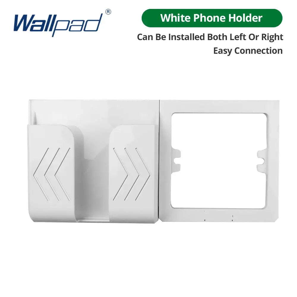 Wallpad phone holder outlet with white acrylic mirror panel and USB charger