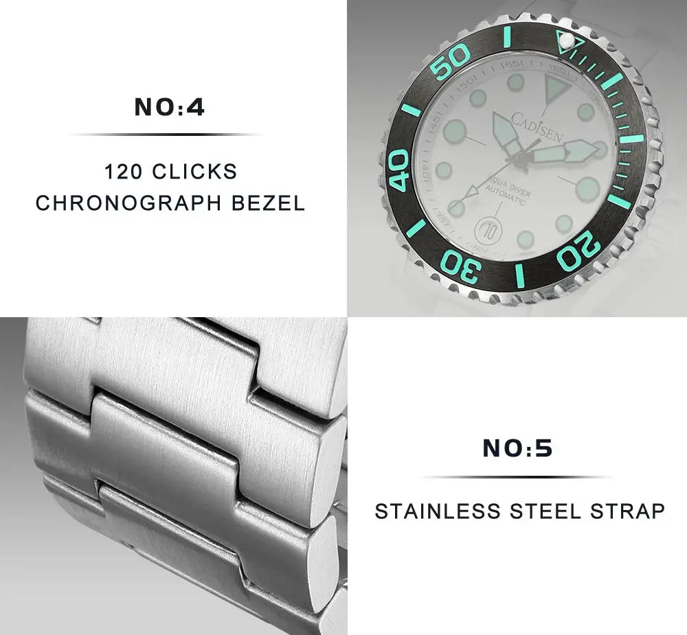 CADISEN Aqua Diver automatic watch with stainless steel strap and turquoise bezel