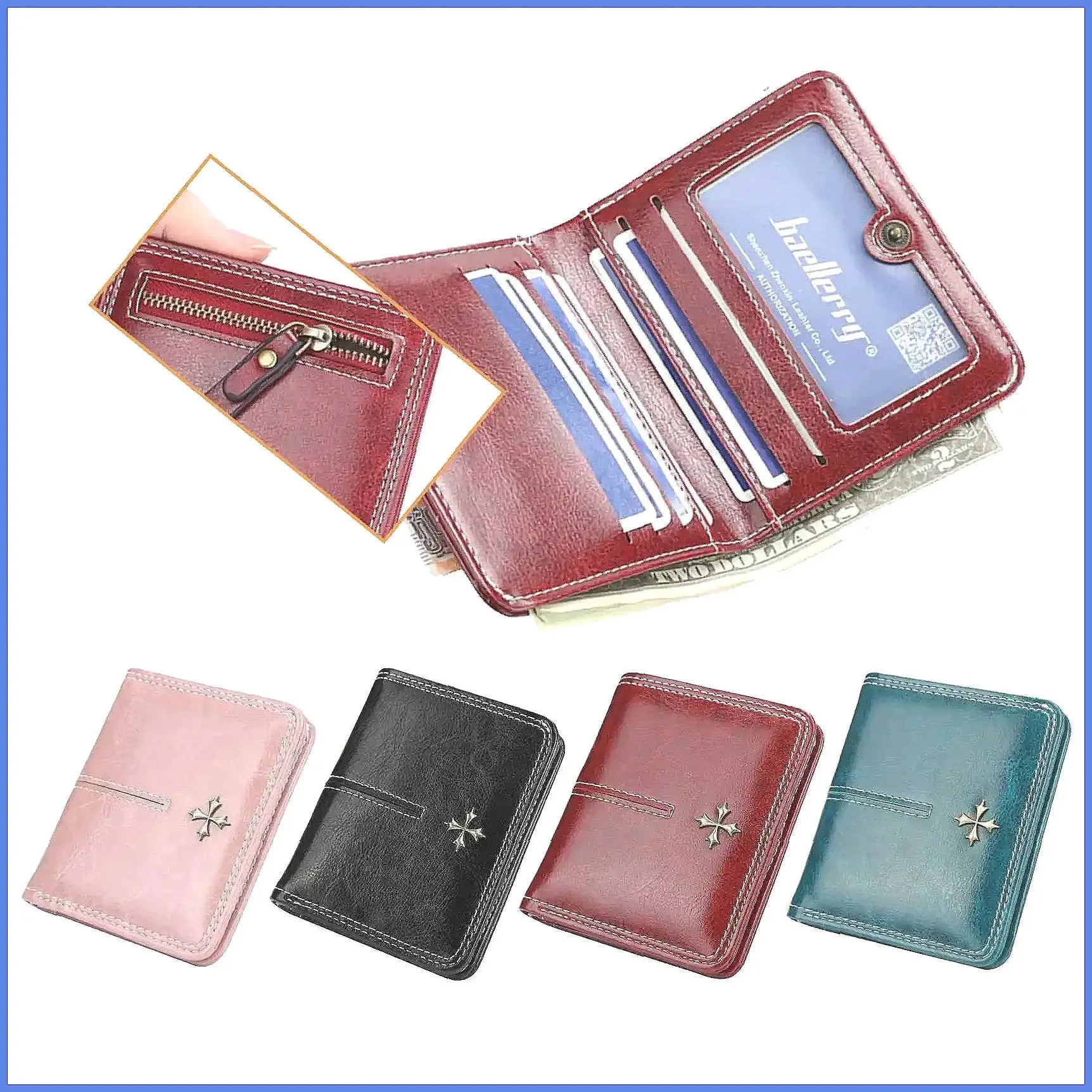 Women's oil-wax PU wallet with zipper coin pocket and card slots; Simples Market, five wallets in colors shown