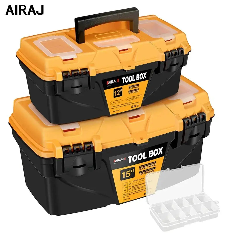 AIRAJ tool box set, 12/15 inch plastic storage boxes; yellow lids, black bodies, two-piece with clear insert
