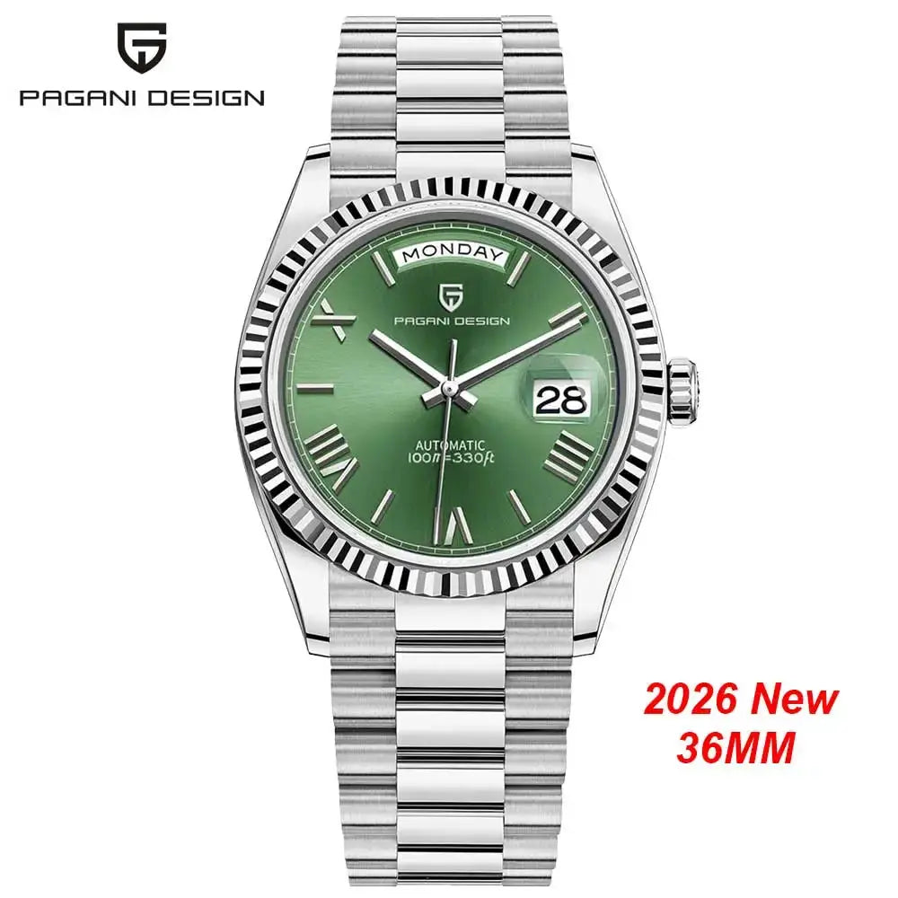 Pagani Design men's automatic wristwatch with green dial, stainless steel bracelet, date window, fluted bezel.