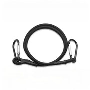 Black 8mm bungee cord with metal hook ends, coiled elastic rope for luggage, bikes and roof racks.