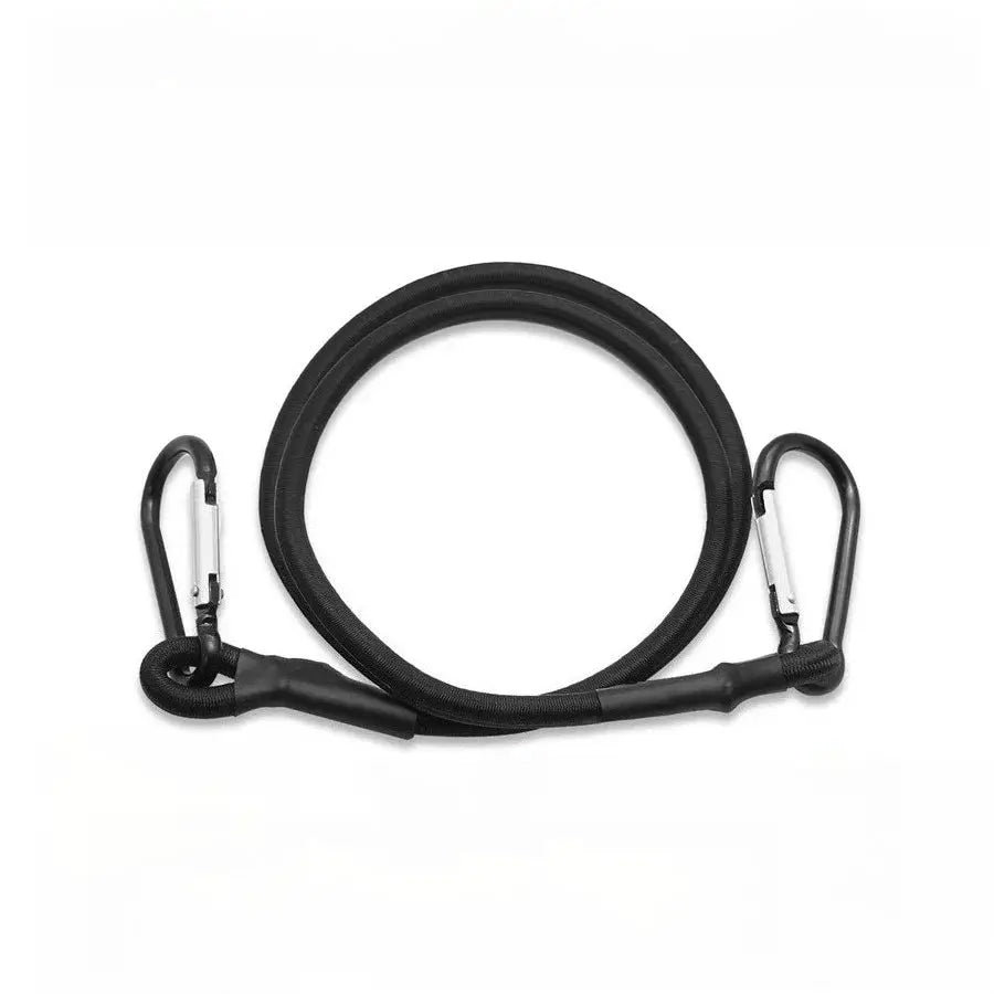 Black 8mm bungee cord with metal hook ends, coiled elastic rope for luggage, bikes and roof racks.