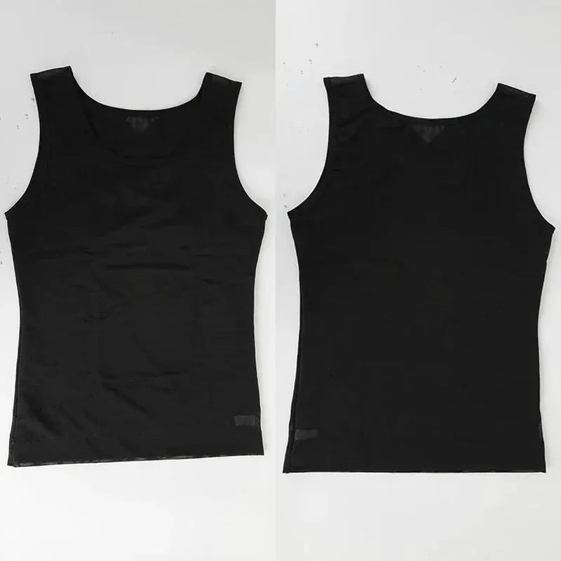 Simples Market men's slimming body shaper vest, black sleeveless compression undershirt with mesh neckline (front/back)