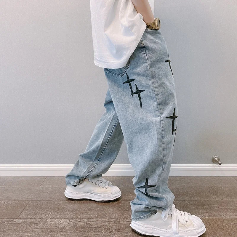 Men Baggy Wide Leg Denim Jeans Cargo Pants 2023 Korean Fashion